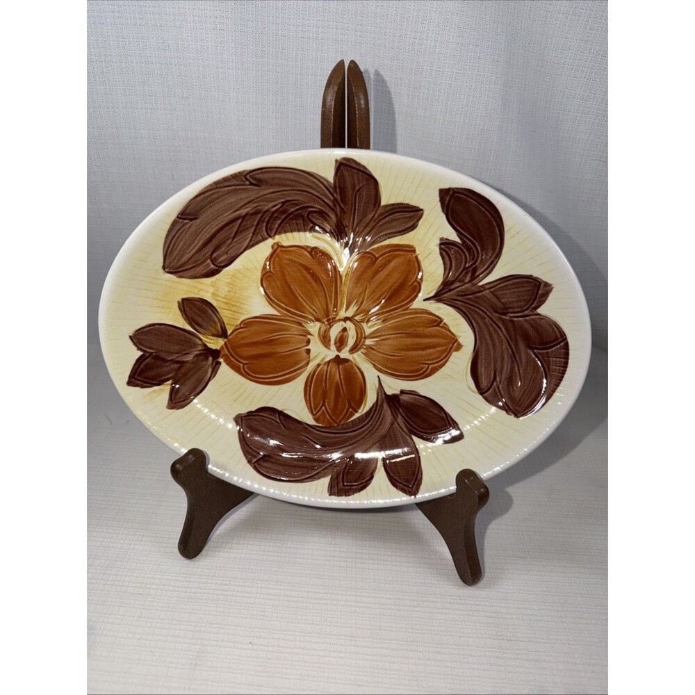 Corona Stoneware 10.5" Platter - Retro 1960s Hand Painted Brown Floral - Japan
